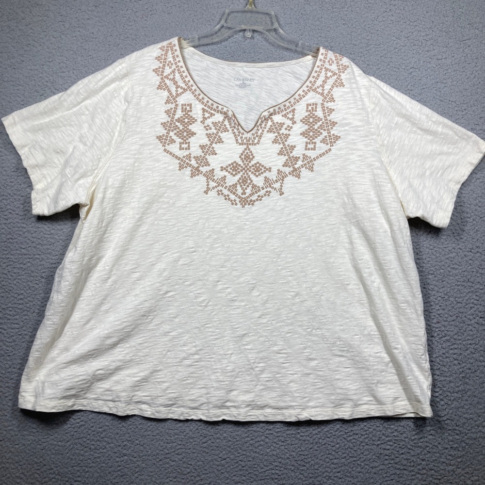 Catherines T-Shirt‎ Womens 3X Cream Cotton Slub Split Neck Geometric Print Boho